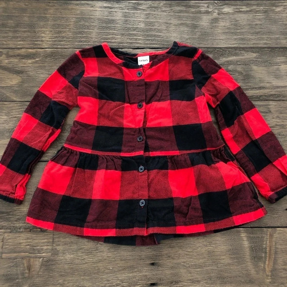 Carter's Other - Carter’s Toddler 2T Red‎ Buffalo Check Plaid Button Up Shirt Peplum Ruffle Black